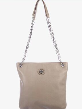 Tory Burch Britten French Grey Pebbled Leather Chain Slouchy Shoulder Bag 11x11"